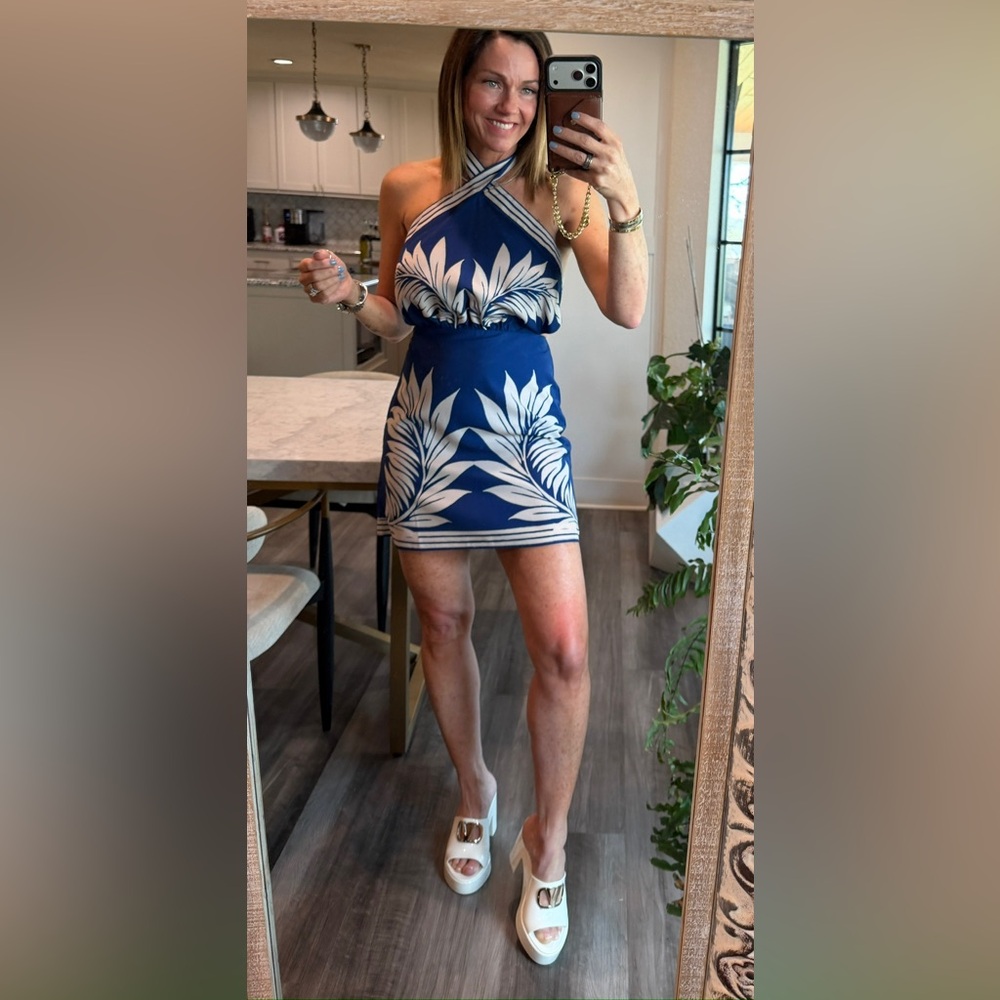 Blue and White Tropical Print Mini Dress